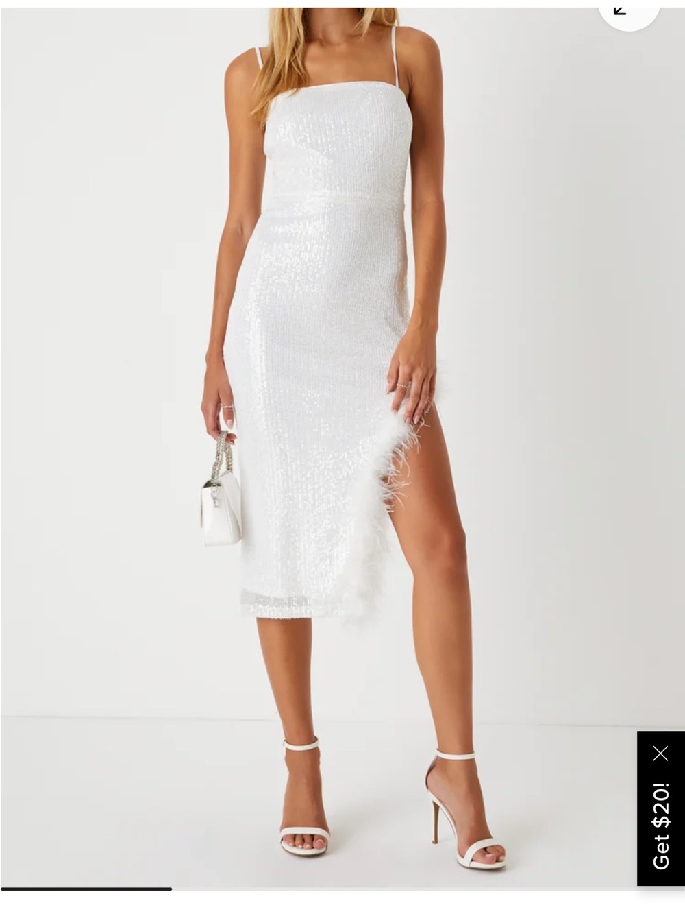 Lulu's Sparkling Diva White Sequin Feather-Trim Midi Dress